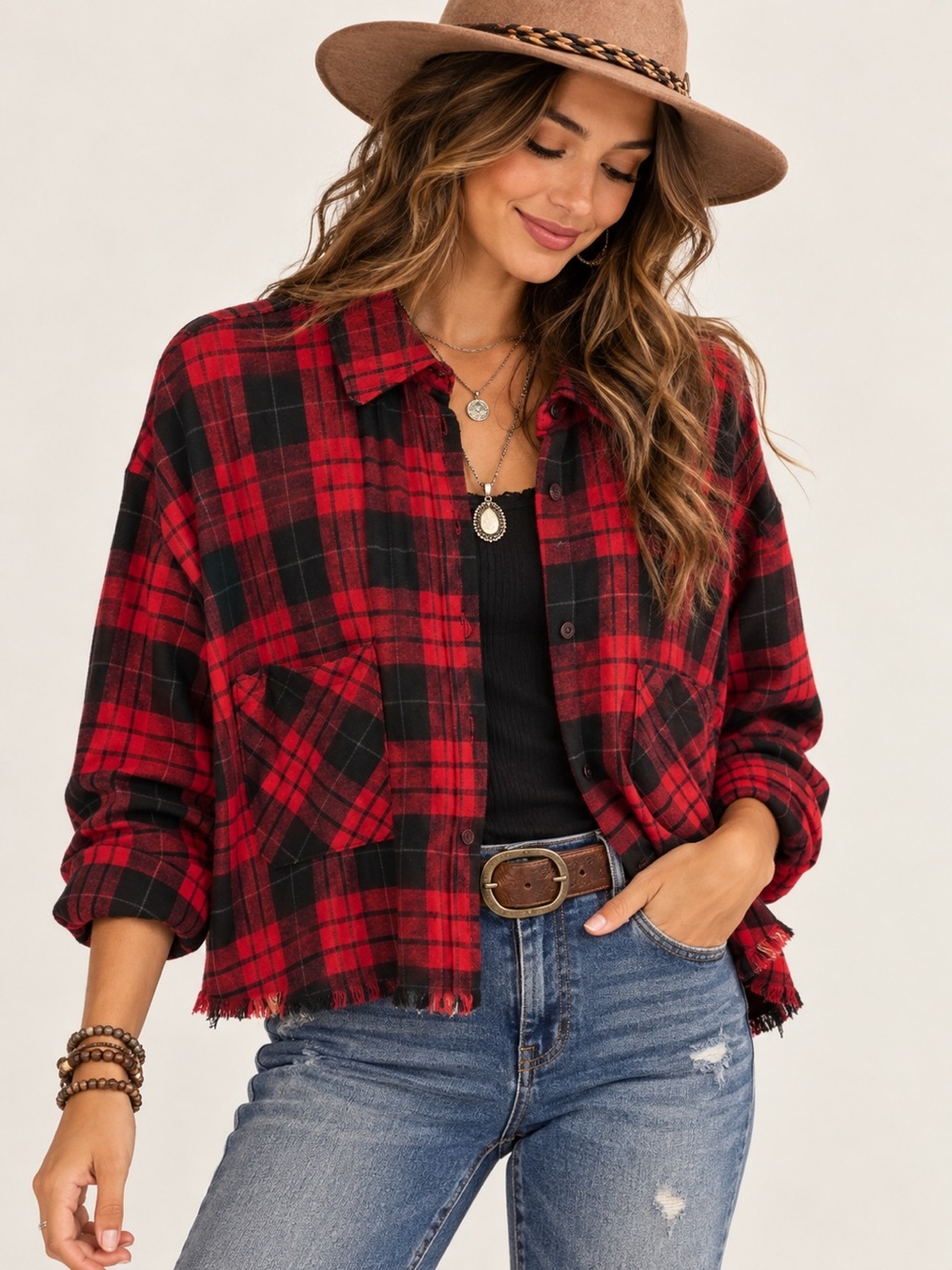 HYFVE Red & Black Plaid Cropped Button-Front Jacket Size Medium